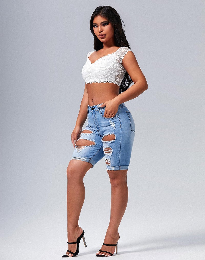 roswear Women's Ripped Denim Destroyed Stretchy Bermuda Shorts Jeans Washed Blue XX-Large - Image 3